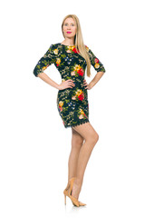 Woman in dark green floral dress isolated on white