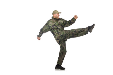 Young man in soldier uniform isolated on white