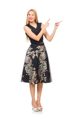 Woman in floral dark skirt isolated on white
