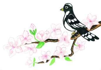 Bird on branch with white flowers, painting