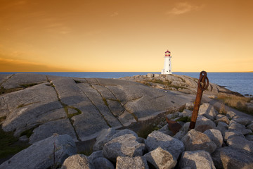 peggys cove lighthouse nova scotia sunset - obrazy, fototapety, plakaty