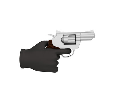 Hand in a black glove holding a revolver. 3d render. White backg