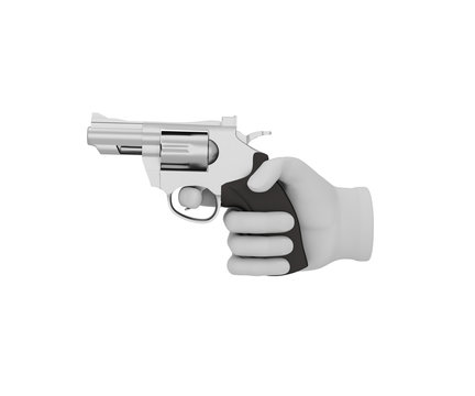 Hand in a white glove holding a revolver. 3d render. White backg
