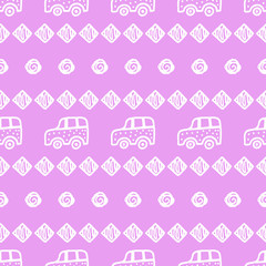 Seamless pattern with hand drawn cars, squares and circles.