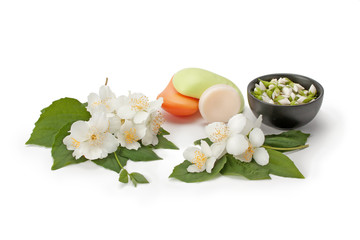 Obraz na płótnie Canvas natural soap with the scent jasmine and jasmine flowers