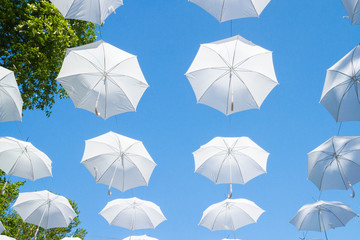 White umbrellas canes in the sky