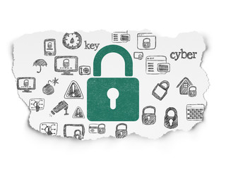 Protection concept: Closed Padlock on Torn Paper background