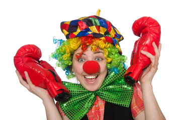 Female clown with box gloves  isolated on white