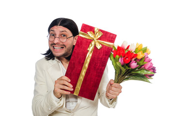 Man with giftbox isolated on white