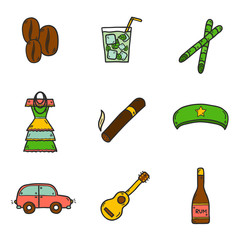 Set of cute hand drawn colorful icons on Cuba theme