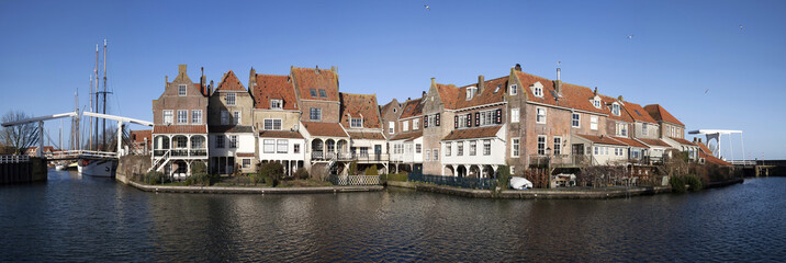 Fototapeta premium Panorama photo of old houses in Enkhuizen, Holland. 