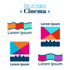 Set of logos for cinema, movie house. Vector bannersfor cinema, theatres. Posters with cinema hall, films and audience.