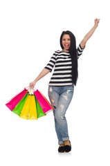 Woman with shopping bags isolated on white