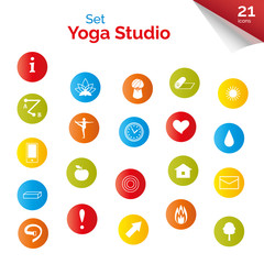 Set of flat icons for yoga poster, yoga site. Vector yoga icons. Multicolored buttons for yoga site. Set elements for decor of yoga tour poster or yoga tour advertisement. 21 yoga icons.
