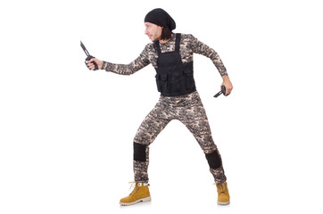 Young man in military uniform isolated on white