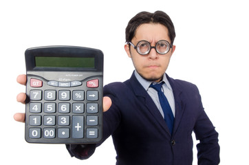 Funny man with calculator isolated on white