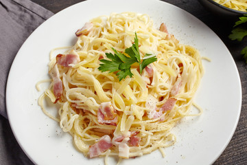 pasta carbonara on white plate