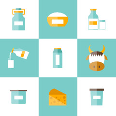 Set of modern flat icons with products containing lactose: milk