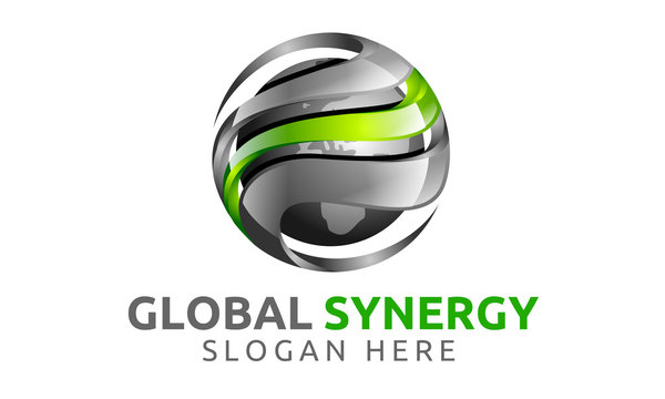 3d, global, globe, world, earth, synergy, silver, green, logo