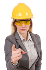 Construction employee wearing protective glasses isolated on whi