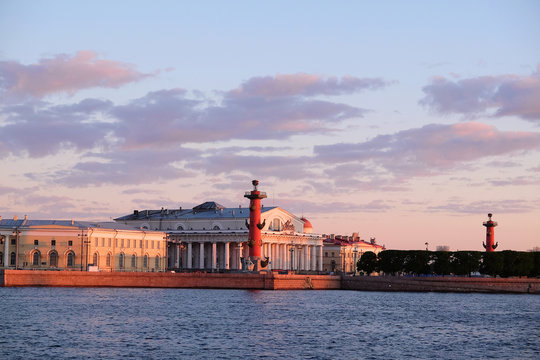 Landscape with the image of rostral columns near the Neva river in St. Petersburg, Russia,