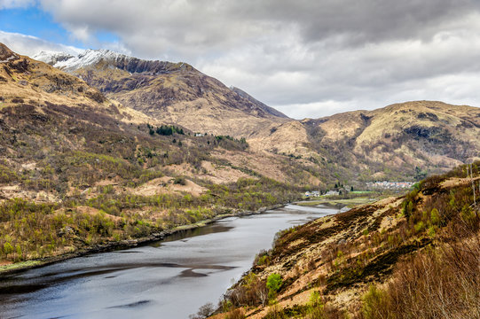 View of the town of Kinlochleven and Loch Leven in Scotland.