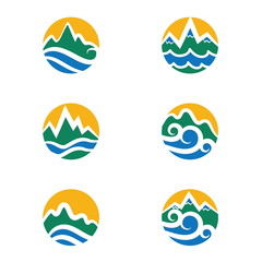 Illustration set icon of mountains,waves and sun.Vector