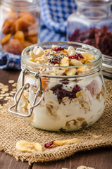 Homemade yogurt with granola, dried fruit and nuts bio