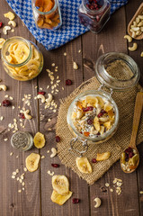 Homemade yogurt with granola, dried fruit and nuts bio