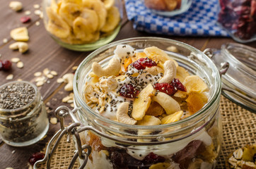 Homemade yogurt with granola, dried fruit and nuts bio