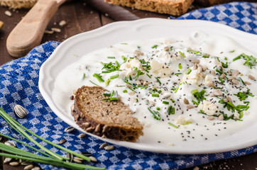 Homemade yogurt dip with blue cheese and chives