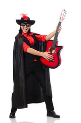 Young man in carnival coat  with guitar isolated on white