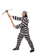 Prison inmate with axe isolated on white