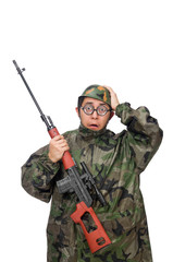 Military man with a gun isolated on white