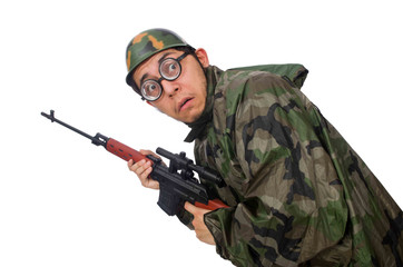 Military man with a gun isolated on white