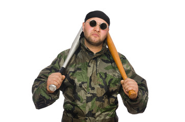 Young man in soldier uniform holding bludgeon isolated on white