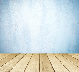 Blue cement wall and perspective wood background,product display, template, room, table.