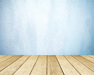 Blue cement wall and perspective wood background,product display, template, room, table.