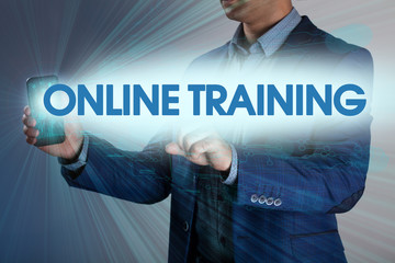 Businessman presses button online training on virtual screens. B