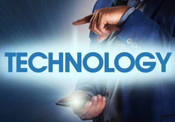 Businessman presses button technology on virtual screens. Busine