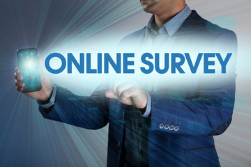 Businessman presses button online survey on virtual screens. Bus