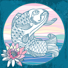 Carp with pink waterlily in the round frame