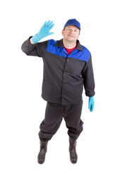 Fototapeta premium Worker in blue coat and hat. 