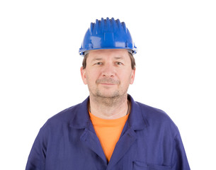 Worker in blue protective helmet.