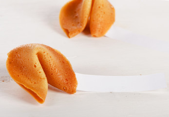 Fortune cookie with blank paper on white background