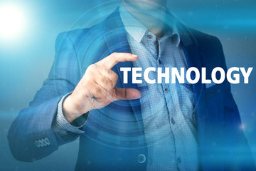 Businessman presses button technology on virtual screens. Busine
