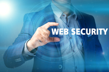 Businessman presses button web security on virtual screens. Busi