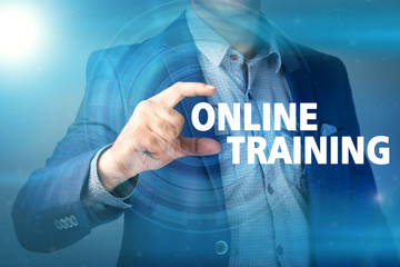 Businessman presses button online training on virtual screens. B