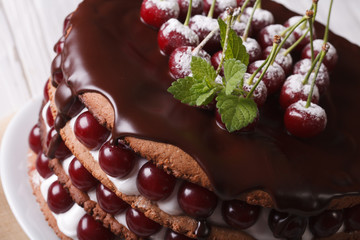cake with fresh cherries and chocolate on the plate closeup