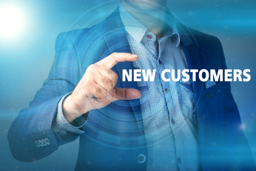 Businessman presses button new customers on virtual screens. Bus